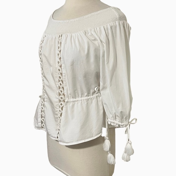 White Tularosa Sansa smocked elastic off the shoulder neckline and eyelet trim - Picture 3 of 13